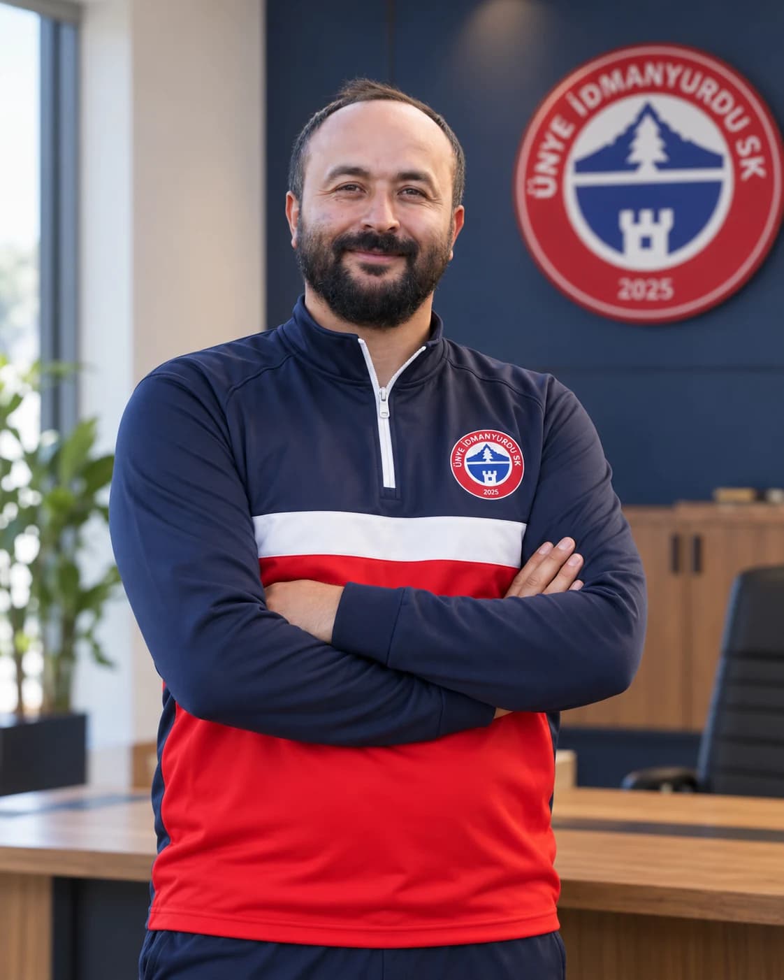 Ümit Bacacı, kulüp renklerinde eşofmanıyla ofis ortamında